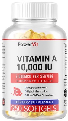 Vitamin A 10000 IU 250 Softgels Servings Gluten Free Non-GMO USA