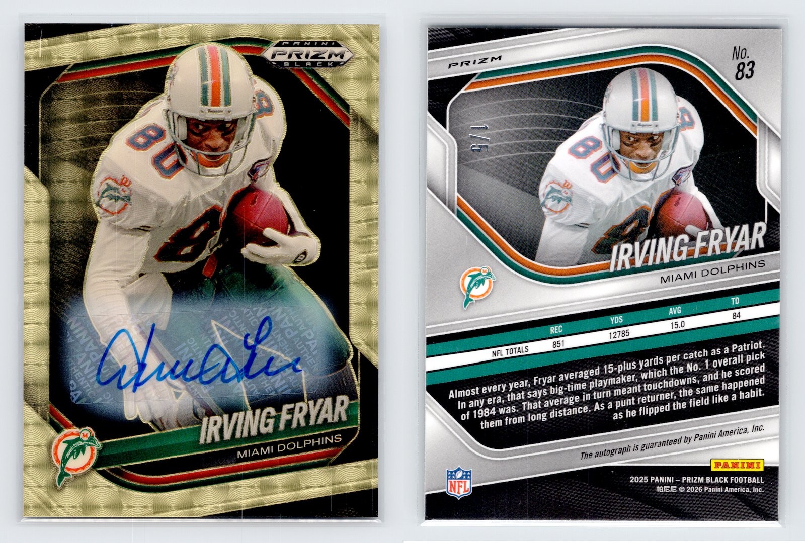 2025 Panini Prizm Black FOTL Irving Fryar Auto Gold Vinyl 1/5 Dolphins NM/MINT view 2