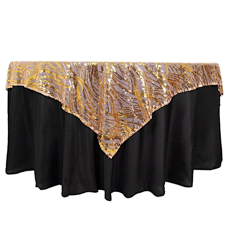 72" x 72" ROSE GOLD Tulle Square Table Overlay Wavy Embroidered Sequins Party - Image 2 of 4