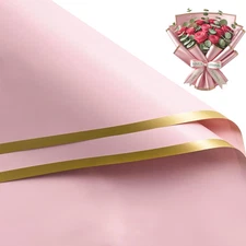 20 Sheets Flower Wrapping Paper - 22.4 x 22.4 inch Pastel Pink with Gold Edge Wa