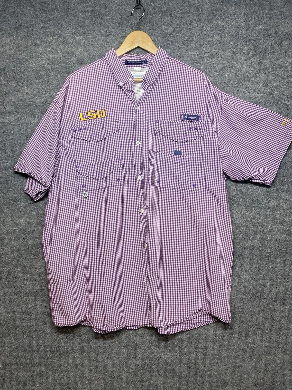 Columbia PFG Bahama II Fishing Shirt Mens XL LSU Plaid Purple Short Sleeve