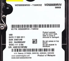 WD5000BMVW-11AMCS2 dcm: EHOTJHB sn: WXD1E DEC/2011 500GB USB 3.0 Western Digital