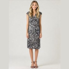 Chaps Womens Medium Blue Paisley Sleeveless Ruched Faux Wrap Midi Sheath Dress