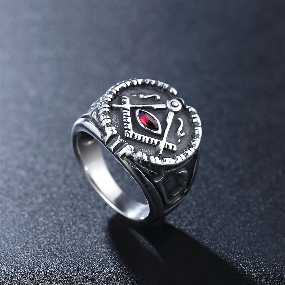 Anéis maçônicos masculinos vintage de aço inoxidável maçom rubi motociclista punk - Imagem 3 de 4