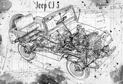 Line Tech Zeichnung Jeep CJ 5 Cutaway Kunst Posterdruck
