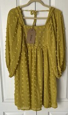 New Listicle Women's Mustard Yellow Smocked Boho Peasant Dress Lined Pockets U9