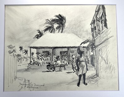 James Kirk Merrick Vtg Drawing Village House & Trees Antiqua & Barbuda 11x14 