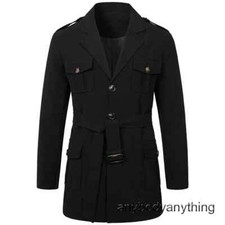 Men's Retro Safari Jacket Pockets Slim Belted Hunting Coat Casual Top Outwear