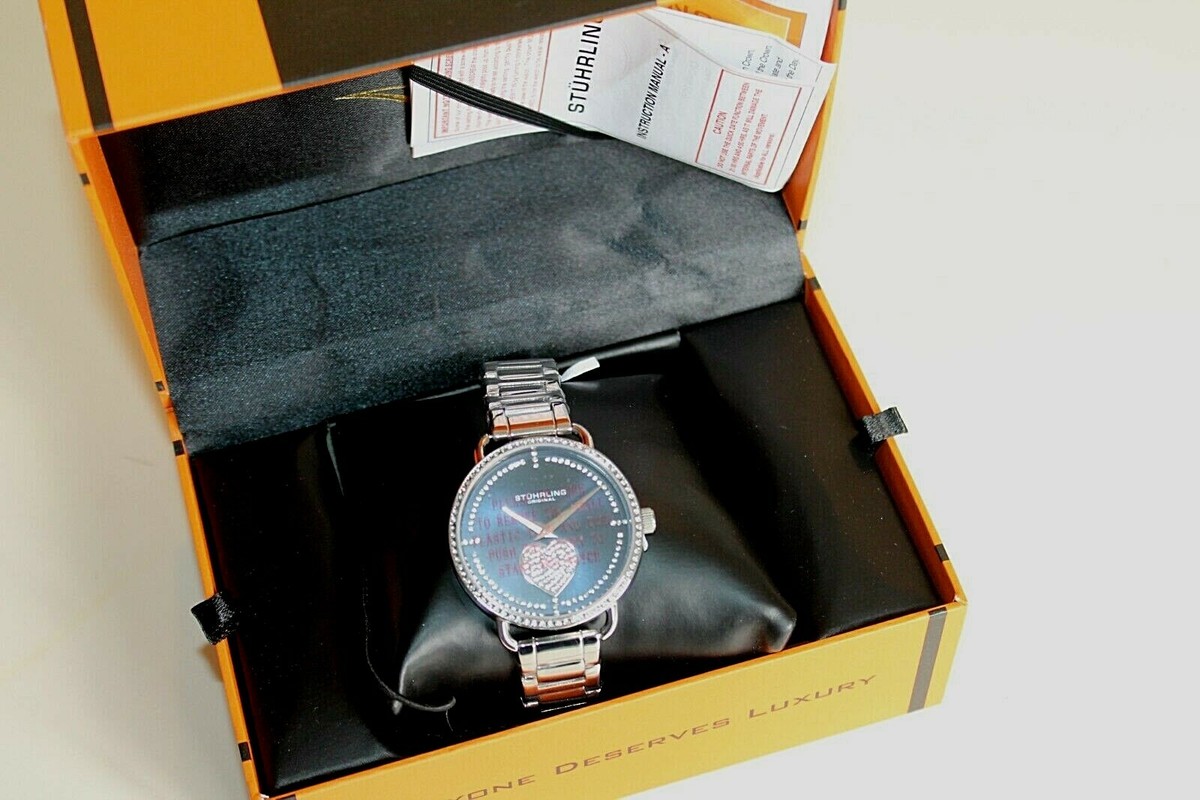 Stuhrling Original Women Watch 34MM Crystal Heart Dial Leather Bands NEW Battery Stührling Women Leather Wristwatches for sale | eBay main image 3