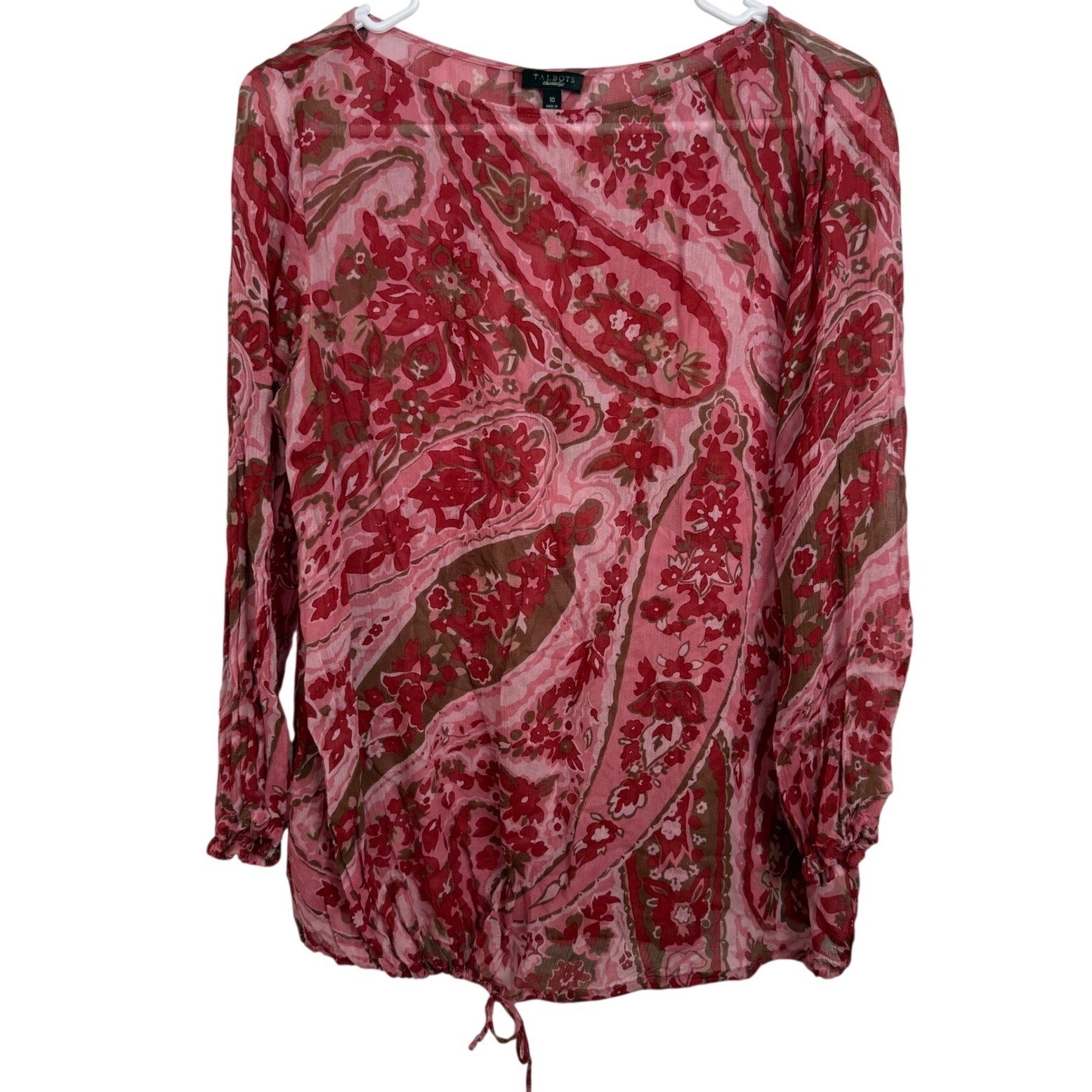 Silk Paisley Blouse Womens 10 Red Pink Sheer Boho Romantic Cottagecore Top