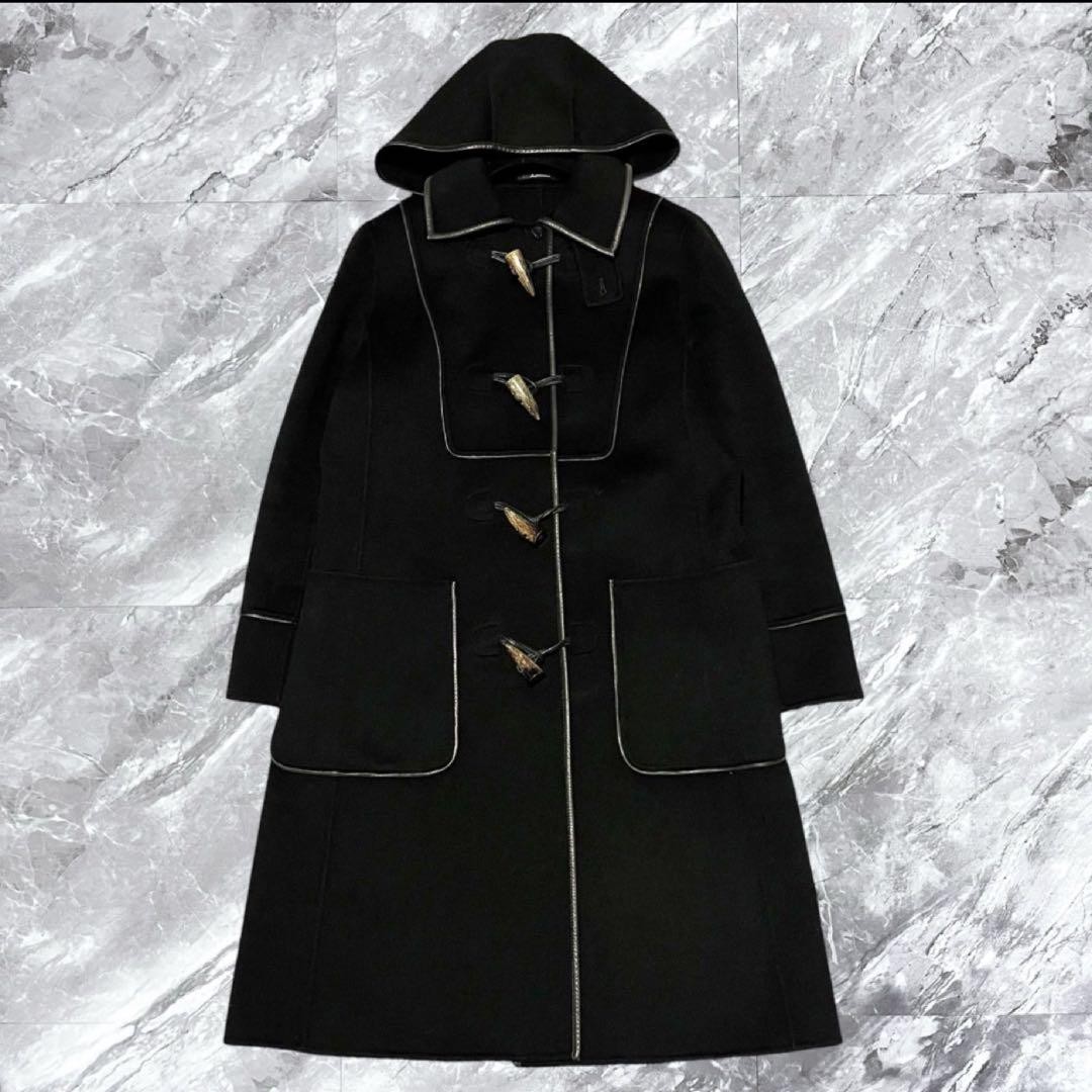 Aquascutum Black Cashmere Wool Leather Duffle Coat L Excellent Condition image 2