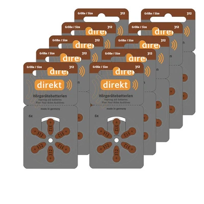 HÖRGERÄTE DIREKT DIREKT Hörgerätebatterien 312 braun – 60 Stück (10×6er), 1,45V - Varta Qualität