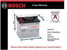 Battery fits HYUNDAI IONIQ AE 1.6 16 to 22 Bosch 077 400A 45Ah 3Yr Warranty New