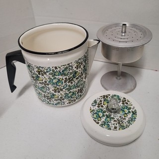 Vintage Green Flower Design Enamelware Coffee Pot Percolator