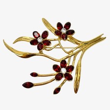 Vintage Gold Tone Red Marquise Clear Rhinestone Flower Branch Spray Brooch Pin