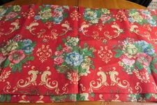 OVER 5 YDS NOBLE VINTAGE LINEN  CURTAIN FABRIC FLORAL BOUQUETS ON RED WIDTH 48"