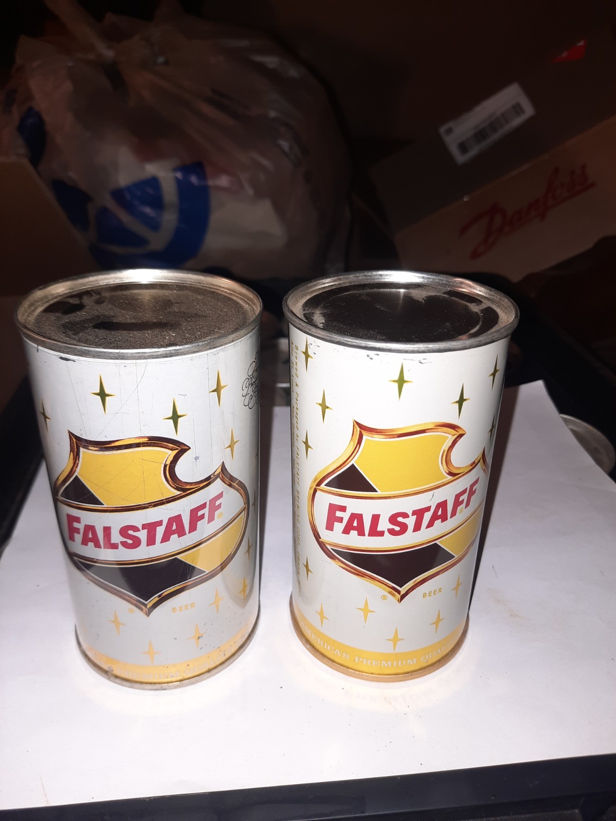 2 FALSTAFF BEER 2 BREWRIES EMPTY OPENED 12 OZ FLAT TOP STRAIGHT STEEL BEER CANS