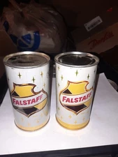 2 FALSTAFF BEER 2 BREWRIES EMPTY OPENED 12 OZ FLAT TOP STRAIGHT STEEL BEER CANS