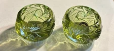 2 Antique Westmoreland Glass Open Salt Cellars Lime Green Crystal Faceted Bowls