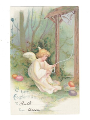 SD2494  LITTLE EASTER ANGEL WITH EGGS RINGING THE BELL LITHO 1906