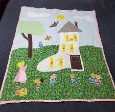 Vintage Baby Quilt Hand Made Folk Art Primitive Old Mother Hubbard 38 x 46 Apprx
