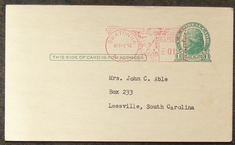 US SC UX27 OWANTONNA,MINNESOTA METER POST CARD HISTORY 1952   1.c +1.c