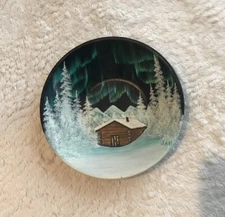 Alaska Hand Painted Oil Metal Snowscape Northern Lights Artist JAH Judy Hartmen