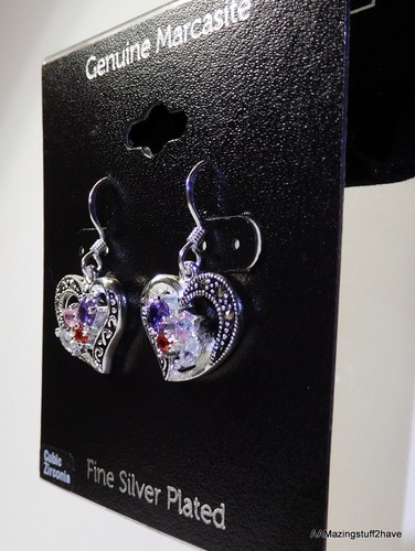 Heart Drop Earrings 1" Hook Fine Silver Plate Cubic Zirconia Stones Macy's - Picture 5 of 12