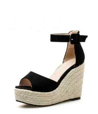 Sandalen Keilabsatz Kordel 11 cm beige schwarz Kunstleder bequem elegant 9586