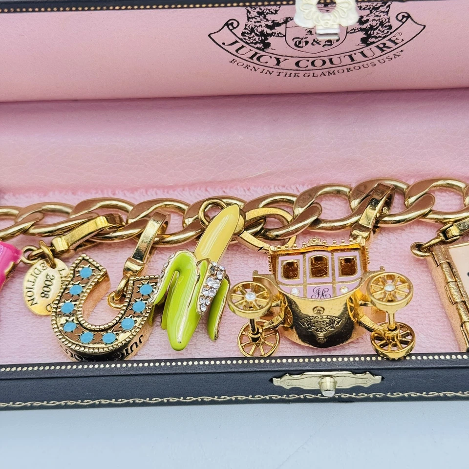Juicy Couture Gold Charm Bracelet Diary Carriage Heart J U Banana Skate Heel Y2K - Image 4 of 4
