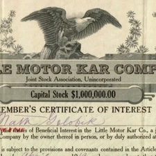 Vintage 1919 Stock Certificate - "Little Motor Kar Company" (Fraud Scheme) Texas