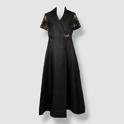 Reem Acra Women's Black Butterfly Embellished Shawl Collar Kaftan Dress Size S