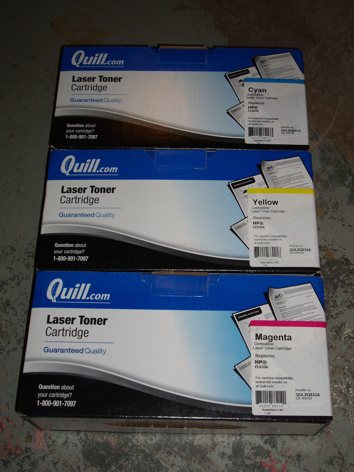 Quill Laser Toner Cartridges Replaces HP CC531A CC532A CC533A, NEW 