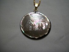 NATURAL ABALONE SHELL HANSEL  GRETEL GOLD FOIL PENDANT WITH 22" CHAIN NECKLACE