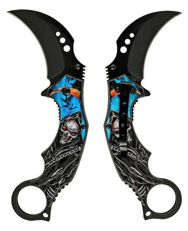 7 ¼” Demon Of Death Grim Reaper Karambit Pocket Knife Flaming