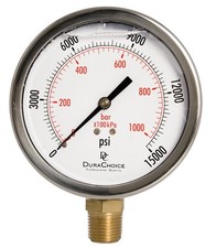 4" Oil Filled Pressure Gauge, SS Case, 1/2" NPT, Lower Mount, 0-15,000PSI
