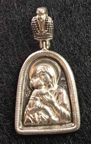 Sterling Silver 925 Ag Pendant Icon Saint Virgin Mary Mother Jesus Prayer 8.7gr