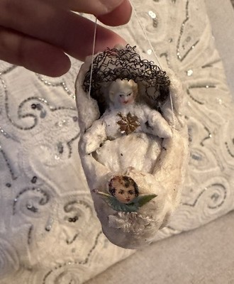 Antique Cotton Batting Moon Ornament Frozen Charlotte Doll Dresden Trim 2.5 