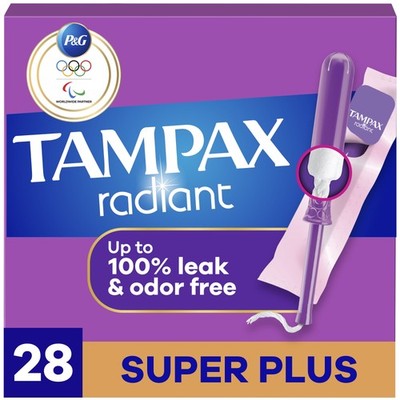 Radiant Tampons with LeakGuard Braid, Super Plus Absorbency, 28 Count