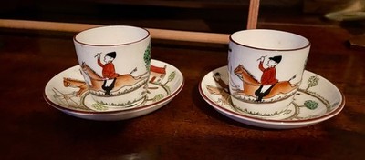 Crown Staffordshire Jagdszene 2 Eierbecher + Untertassen. Top Ostergeschenk