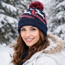 Holiday Time Reindeer Pom Pom Beanie Navy Knit Winter Hat One Size
