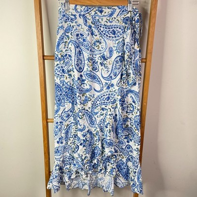 Iris Maxi Skirt Womens 10 Blue Paisley Print High Rise Wrap Ruffle Trim Midi