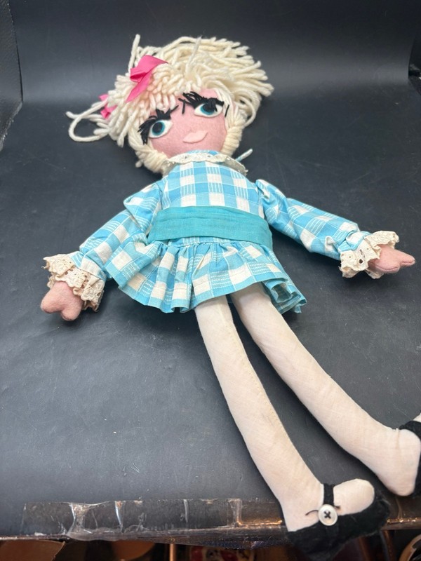 Vintage Sutton? MCM Cloth Fashion Rag Doll Blue Checkered Gingham Dress