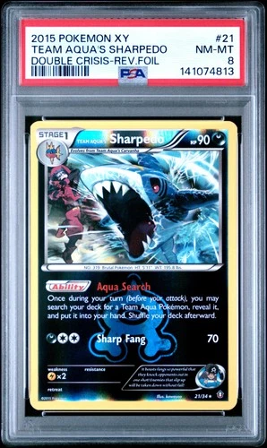 2015 POKEMON XY DOUBLE CRISIS #21 TEAM AQUA'S SHARPEDO-REVERSE FOIL PSA 8