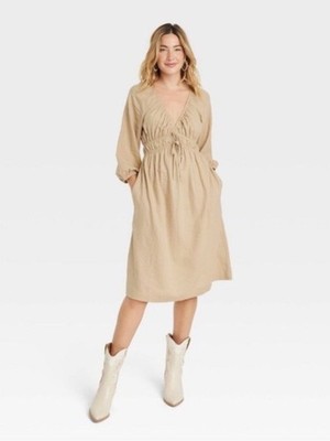 Universal Thread tan midi dress features a distinctive tie-front neckline and pu