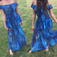Blue Aquatic Maxi Peplum Dress Sz Small
