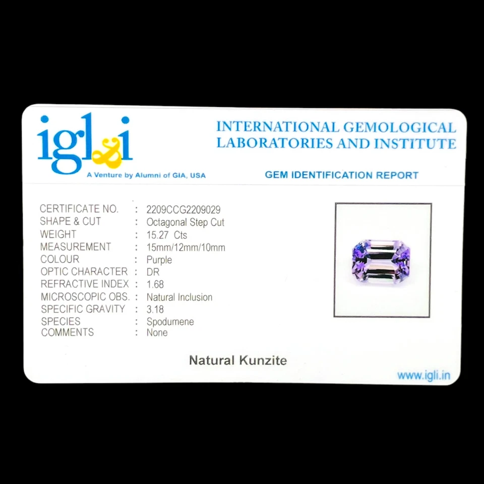 VVS 15.27 Cts Zertifiziert Natürlich Kunzit 15x12mm Smaragd Schliff AAA Qualität - Bild 2 von 4