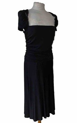 La Perla Sheath Dress 46 Black Built In Bra Square Neck Stretch Cap Sleeve Frill