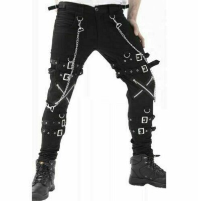 Punk Bondage Pants   Black Slim Fit Rocker Trousers with Chains, Straps & Zipper