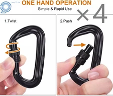 4 Pack Heavy Duty Aviation Aluminum Locking Carabiners Clip 12 KN D-Shaped USA